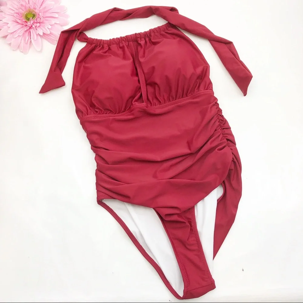 NEW Cupshe Keep Secrets Halter One Piece Swimsuit: Dark Brick Red